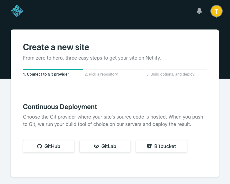 Screenshot showing netlify "Create a new site" page.