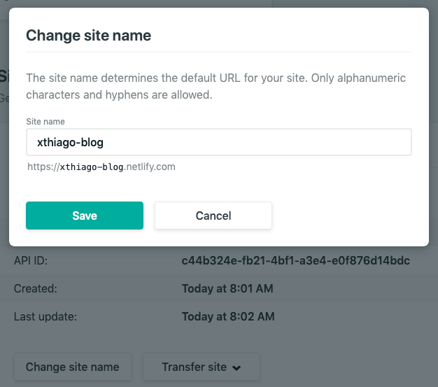 Screenshot showing netlify "Change site name" section.