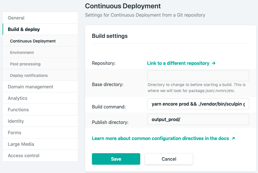 Screenshot showing netlify "Build settings" section.