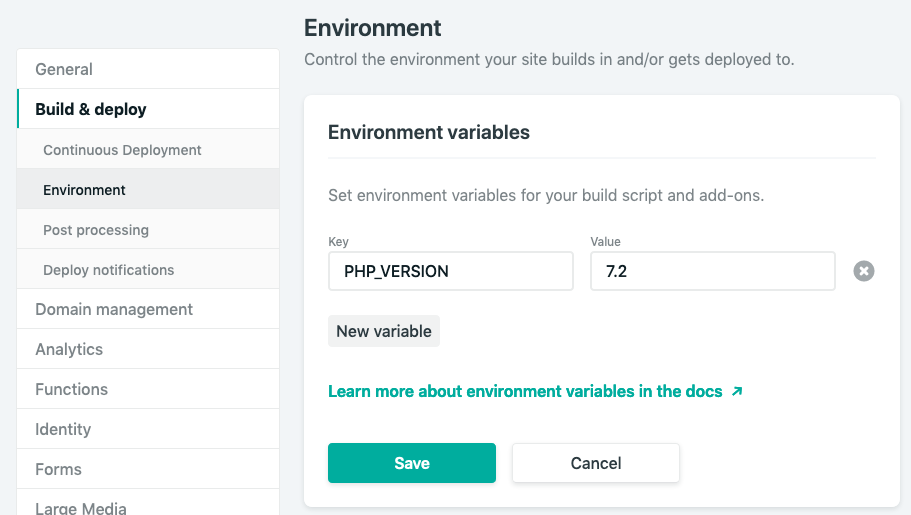 Screenshot showing netlify "Environment variables" section.