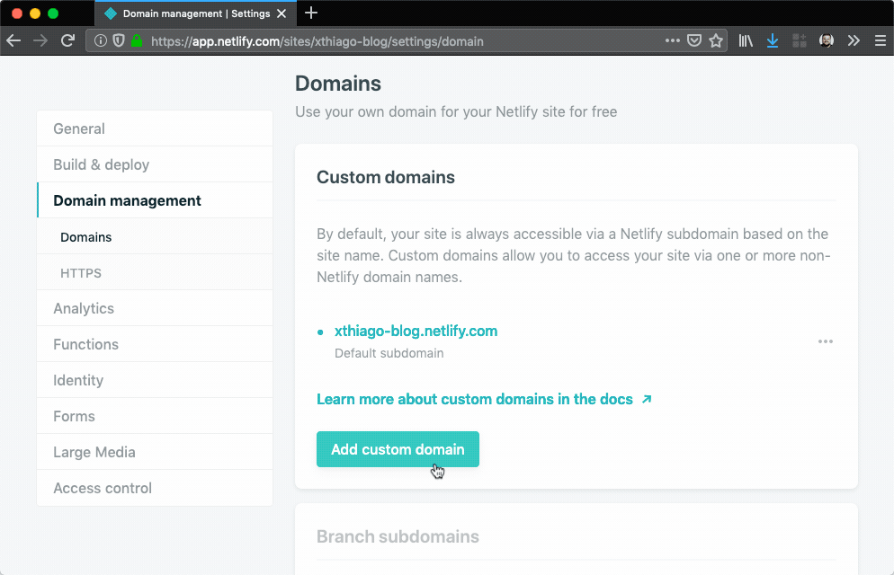 Screenshot showing netlify flow to add a domain.